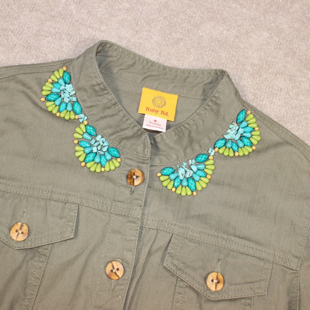 Ruby Rd Womens Olive Green Beaded Utility Jacket Size 6 Turquoise Accents Cotton